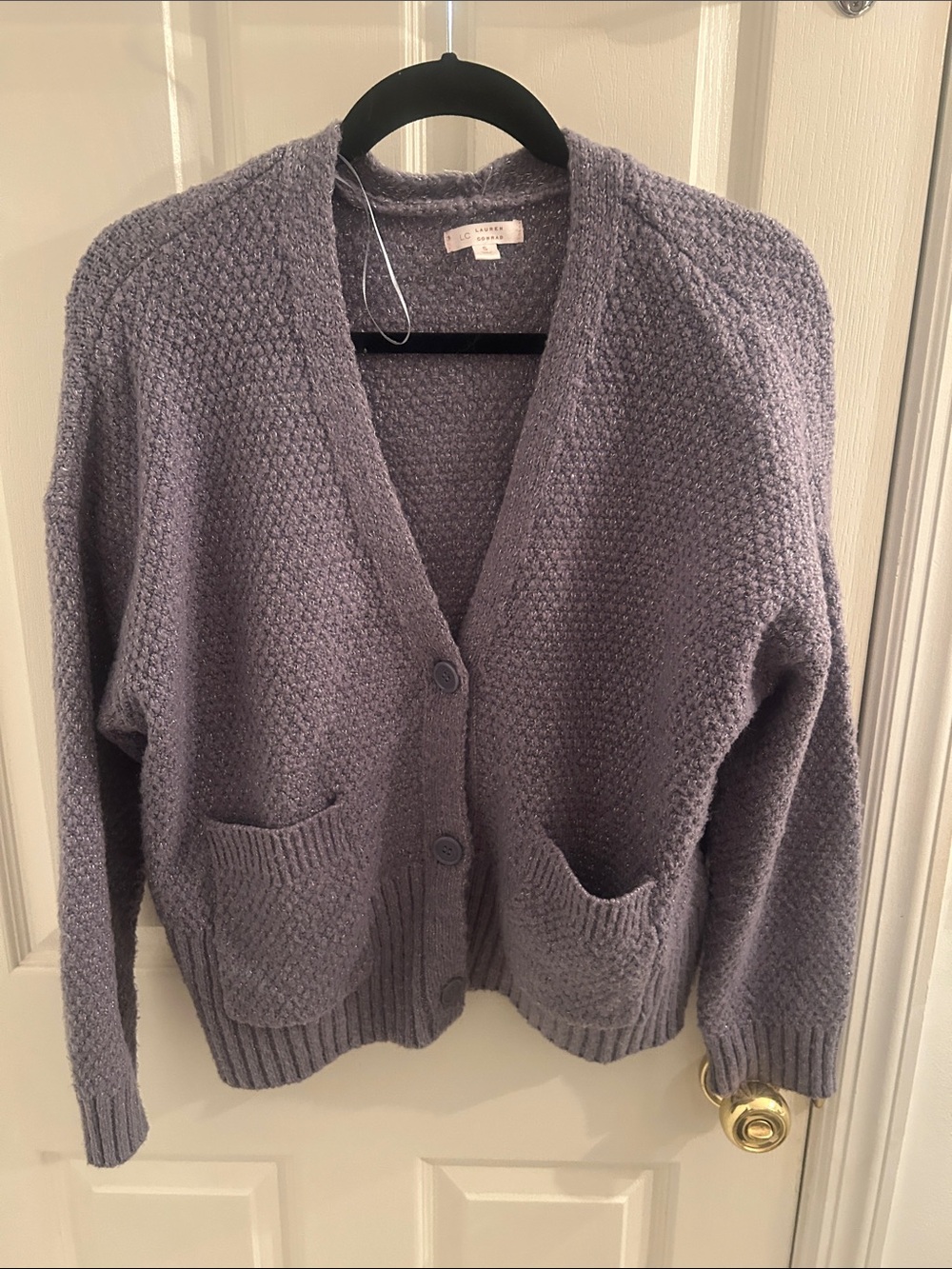 LC Lauren Conrad Lavender Knit Button-Front Cardigan with tinsel